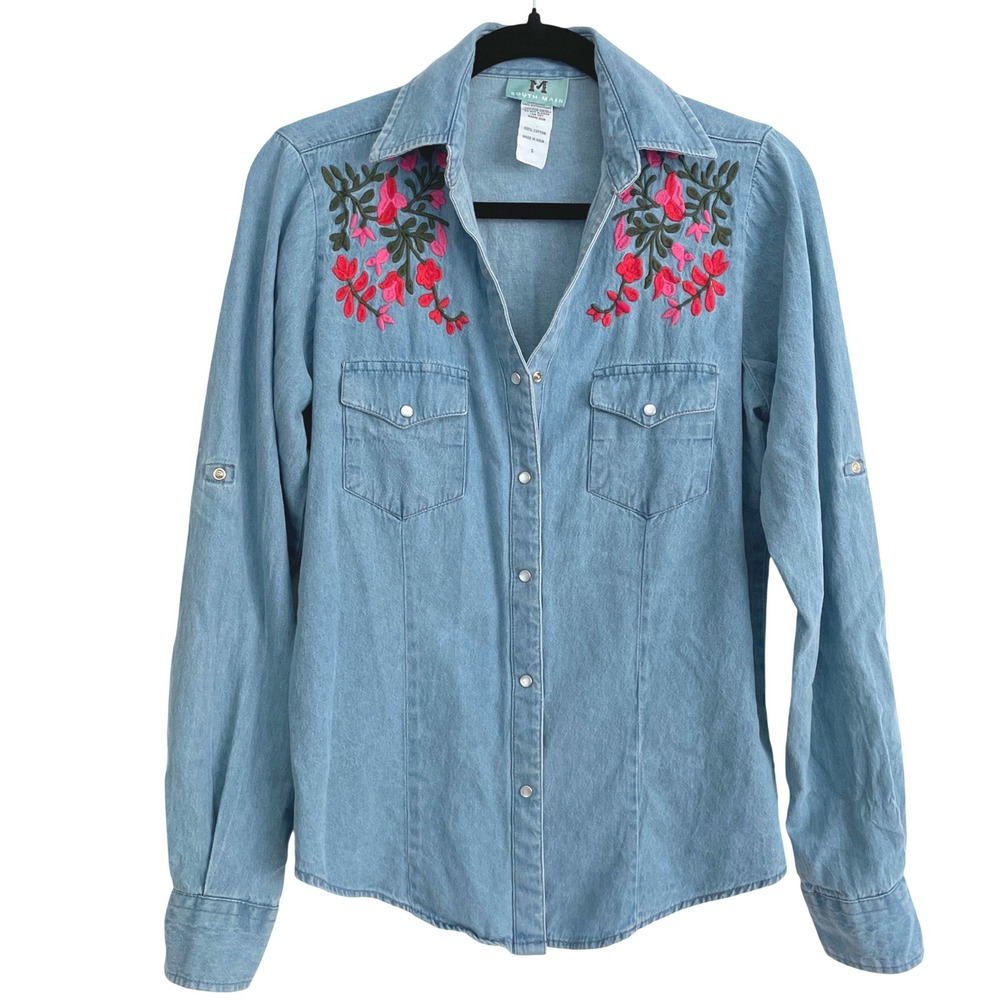 South Main Denim Western Shirt Womens Small Floral Embroidered Snap Front Blue